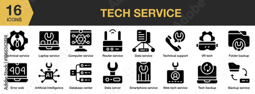 Tech Services solid icon set. Includes web service, vr tech, technical support, backup, and More. Solid icons vector collection.