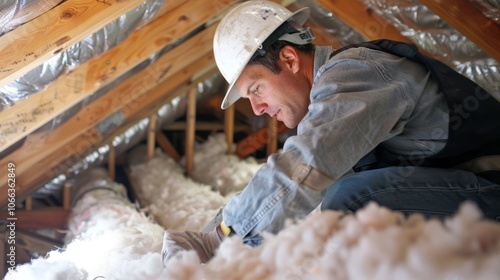 A technician measures and s insulation for the air ducts ensuring proper insulation and efficiency. photo