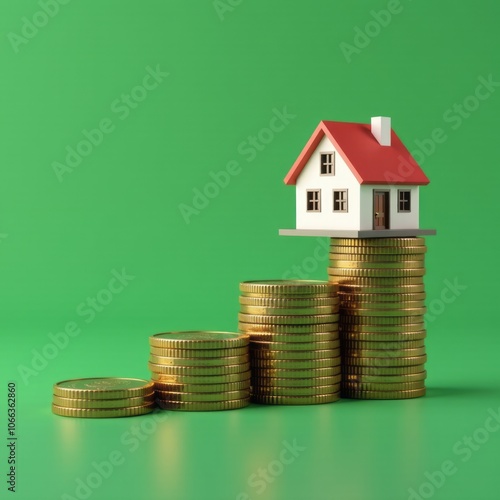 View of coin stack with house model on green background savings plans for housing financial conceptmortgage loading real estate property with loan money bank conceptproperty tax concept real estate  photo