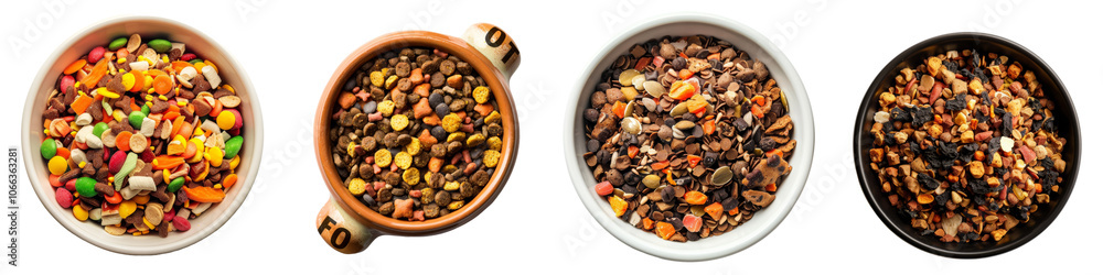 Collection of Pet food in bowls isolated on white or transparent background Collection of Pet food in bowls isolated on white or transparent background