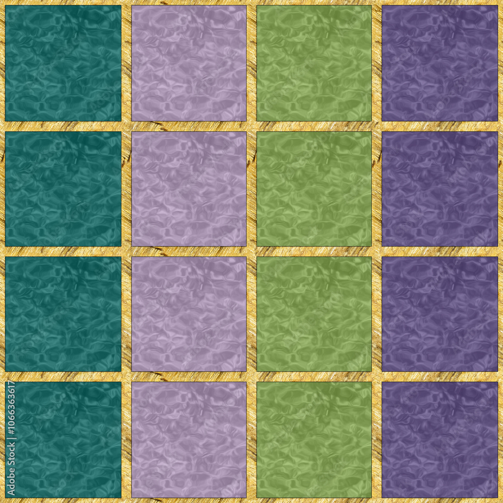 Fototapeta premium Modern mosaic, inlay. Illustration in stained glass style. Art deco. Repeating regular pattern. Seamless mosaic tile. Texture for textile, carpeting, clothes. For design, package, wallpaper, banner.
