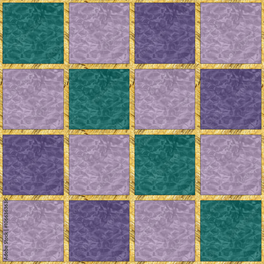 Fototapeta premium Modern mosaic, inlay. Illustration in stained glass style. Art deco. Repeating regular pattern. Seamless mosaic tile. Texture for textile, carpeting, clothes. For design, package, wallpaper, banner.