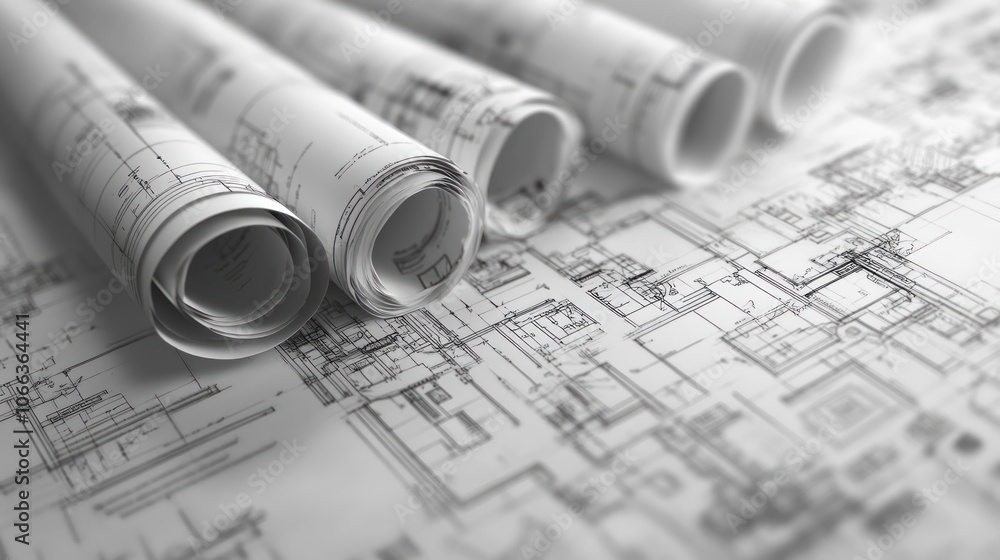 Architectural blueprints rolled out, showcasing detailed floor plans and designs. Architectural blueprints rolled out, showcasing detailed floor plans and designs.