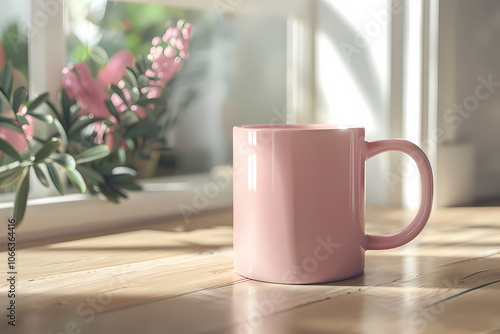 A charming pink coffee mug on a sunlit wooden table, surrounded by soft greenery and blooming flowers, creating a cozy atmosphere.