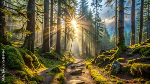 A Sunlit Path Through a Misty Forest, Where Golden Rays Pierce Through the Canopy, Illuminating the Mossy Ground and Winding Its Way Deep Into the Enchanting Woods photo