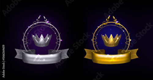 Silver and golden royal awards set isolated on black background. Vector realistic illustration of sparkling laurel wreath and ribbon, luxury crown and sparkles in air, game champion, elite club sign