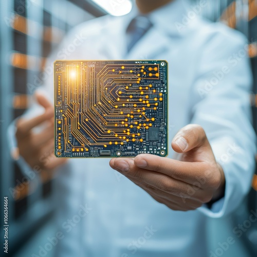 Technician displays motherboard with floating digital credentials in cybersecurity photo