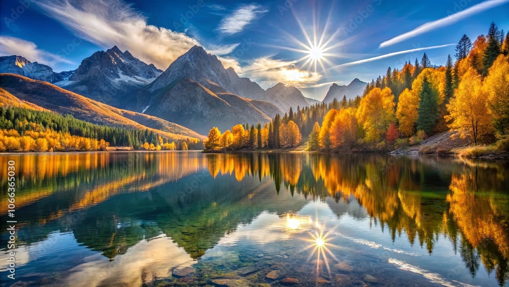 Obraz premium A Serene Mountain Lake Reflecting the Golden Hues of Autumn and the Radiance of a Setting Sun