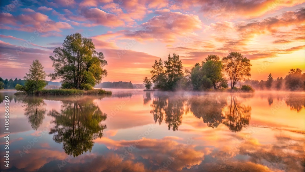 A serene reflection of vibrant hues in a misty lake, with wispy clouds casting their glow on tranquil waters, creating a picturesque scene of natural beauty. A serene reflection of vibrant hues in a misty lake, with wispy clouds casting their glow on tranquil waters, creating a picturesque scene of natural beauty.