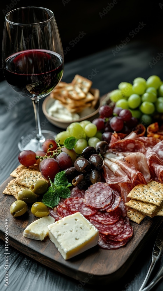 An elegant charcuterie board with an assortment of cured meats, artisanal cheeses, fresh grapes, olives An elegant charcuterie board with an assortment of cured meats, artisanal cheeses, fresh grapes, olives