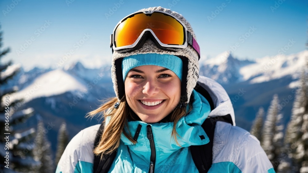 A woman in a bright ski suit poses confidently against a backdrop of snowy peaks, embracing the crisp winter air and stunning mountain landscape A woman in a bright ski suit poses confidently against a backdrop of snowy peaks, embracing the crisp winter air and stunning mountain landscape