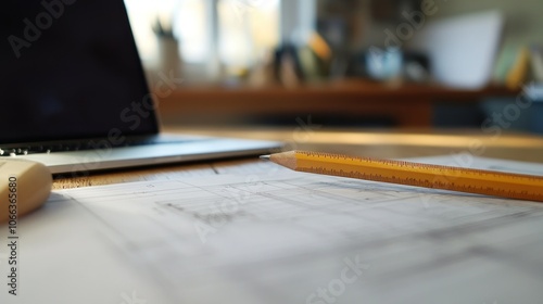 A workspace featuring a laptop, pencil, ruler, and architectural plans on a wooden table.