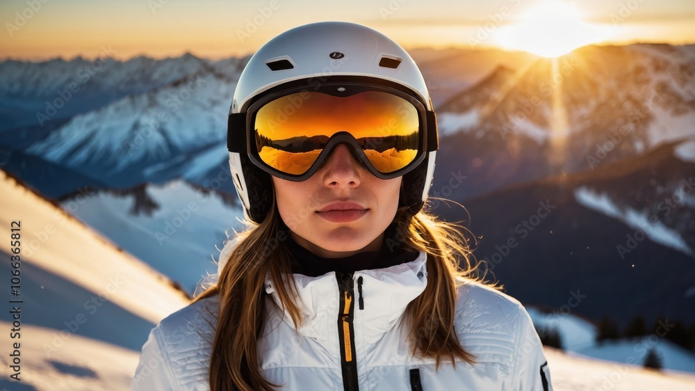 A woman dressed in a colorful ski outfit stands in front of snow-covered mountains, ready for a winter adventure amidst the breathtaking alpine scenery A woman dressed in a colorful ski outfit stands in front of snow-covered mountains, ready for a winter adventure amidst the breathtaking alpine scenery
