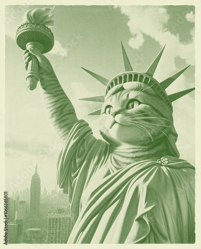 engraved art of cat posed as statue of liberty