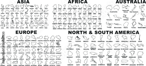 World continents and country borders vector line art set. Asia, Africa, Australia, Europe, North America, South America outline shapes for geographic, educational, and cartographic design projects