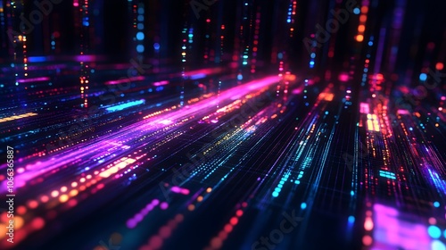 Vibrant neon waves of pixels dance across a dark digital landscape, creating a mesmerizing spectacle of light and color.