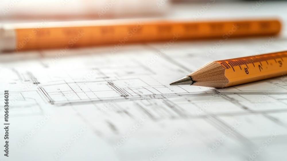 A close-up of architectural plans with a pencil and ruler for design work. A close-up of architectural plans with a pencil and ruler for design work.