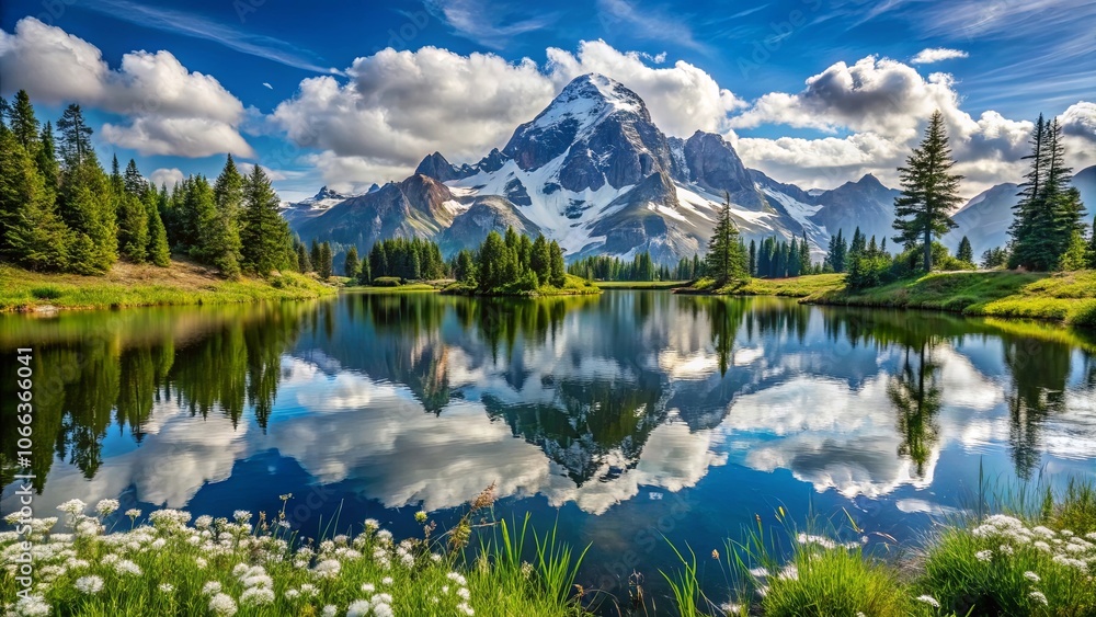 A serene mountain lake, reflecting the sky, clouds, and snow-capped peaks, with a lush forest lining its shores and delicate white flowers blooming at the water's edge. A serene mountain lake, reflecting the sky, clouds, and snow-capped peaks, with a lush forest lining its shores and delicate white flowers blooming at the water's edge.