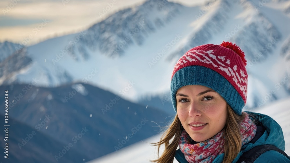 A woman standing against the backdrop of a snowy mountain, showcasing winter beauty and adventure A woman standing against the backdrop of a snowy mountain, showcasing winter beauty and adventure
