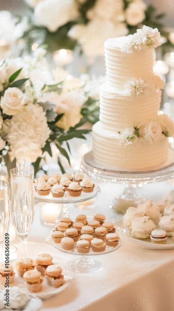 An elegant wedding dessert table filled with tiered cakes, mini tarts, macarons, and champagne flutes An elegant wedding dessert table filled with tiered cakes, mini tarts, macarons, and champagne flutes