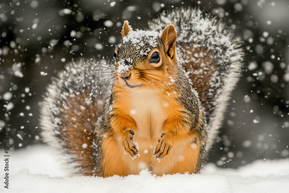 squirrel standing still on snow with snowflakes on its fur squirrel standing still on snow with snowflakes on its fur