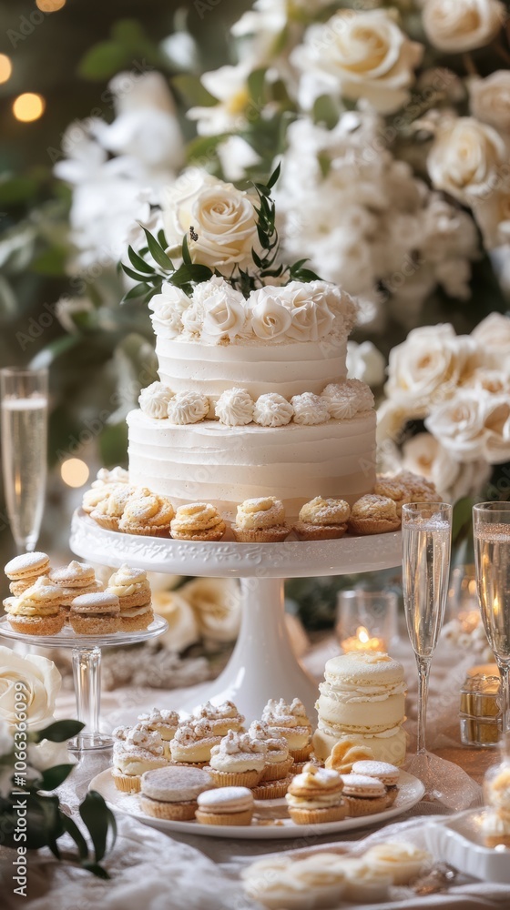 An elegant wedding dessert table filled with tiered cakes, mini tarts, macarons, and champagne flutes An elegant wedding dessert table filled with tiered cakes, mini tarts, macarons, and champagne flutes