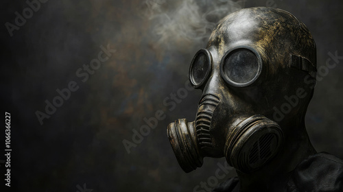 A person wearing a gas mask against a dark background, close-up. There's room for writing.