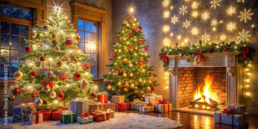 A festive fireplace glows with warm embers, casting a soft light on two decorated Christmas trees, each adorned with colorful ornaments and twinkling lights, creating a magical ambiance in the room. A festive fireplace glows with warm embers, casting a soft light on two decorated Christmas trees, each adorned with colorful ornaments and twinkling lights, creating a magical ambiance in the room.