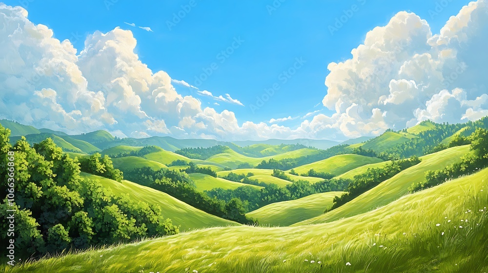 Rolling Green Hills under a Blue Sky with Fluffy White Clouds Rolling Green Hills under a Blue Sky with Fluffy White Clouds