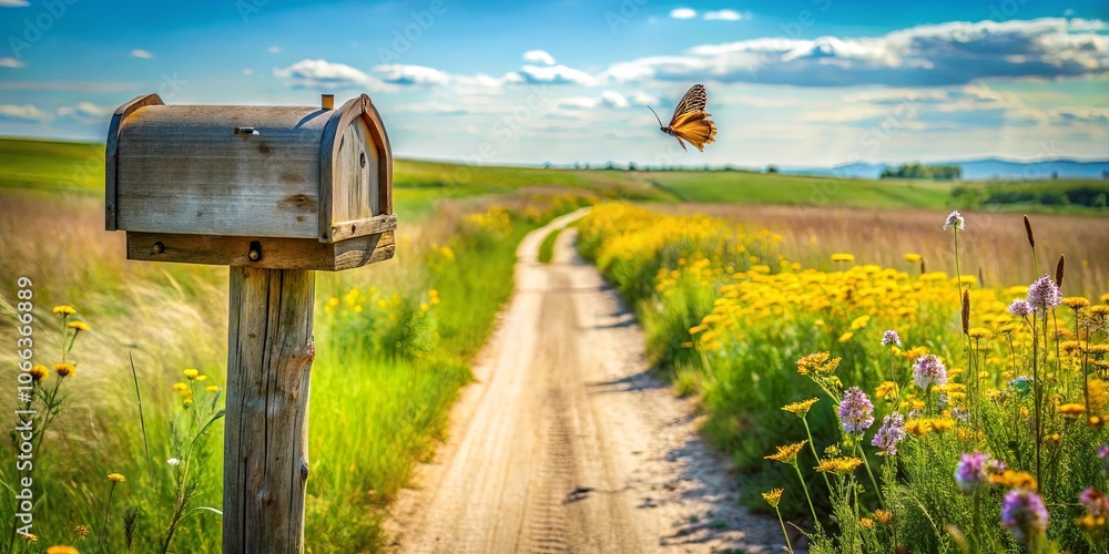 Rustic Wooden Mailbox Stands Tall Beside a Winding Dirt Road Amidst Fields of Vibrant Yellow and Purple Flowers, with a Butterfly Soaring Through the Sunny Sky Rustic Wooden Mailbox Stands Tall Beside a Winding Dirt Road Amidst Fields of Vibrant Yellow and Purple Flowers, with a Butterfly Soaring Through the Sunny Sky