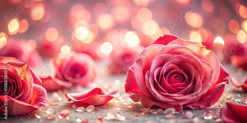 Softly glowing rose petals and a single rose bathed in warm light amidst scattered crystal hearts, a delicate and romantic tableau.