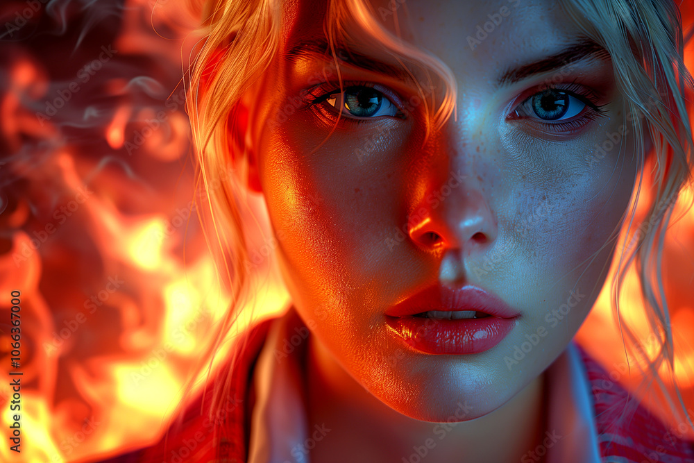 A woman with blue eyes and a red shirt is staring at the camera A woman with blue eyes and a red shirt is staring at the camera