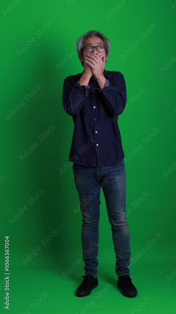 A vertical shot of a senior Asian man standing against a green background. A vertical shot of a senior Asian man standing against a green background.