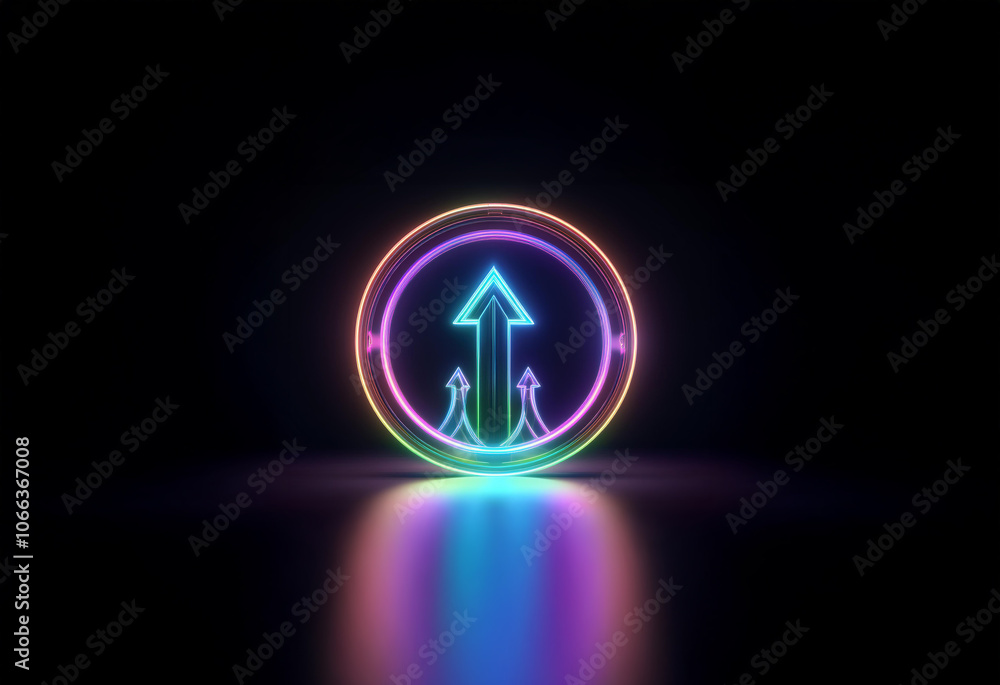 A glowing neon sign in the shape of an arrow pointing upwards within a circle on a dark background. The neon sign casts a colorful reflection on the surface below. A glowing neon sign in the shape of an arrow pointing upwards within a circle on a dark background. The neon sign casts a colorful reflection on the surface below.