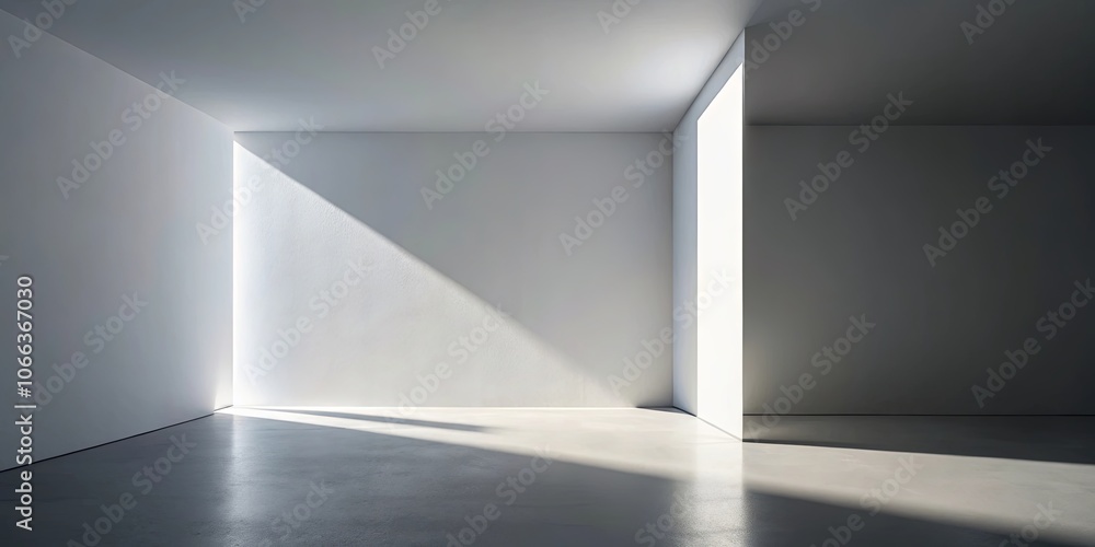 A single beam of light cuts through a minimalistic room, illuminating the smooth concrete floor and casting shadows on the white walls A single beam of light cuts through a minimalistic room, illuminating the smooth concrete floor and casting shadows on the white walls