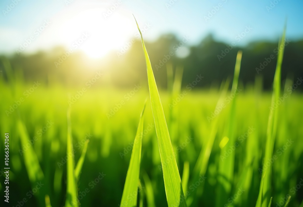 Lush green grass blades in a field, with a soft, blurred background Lush green grass blades in a field, with a soft, blurred background