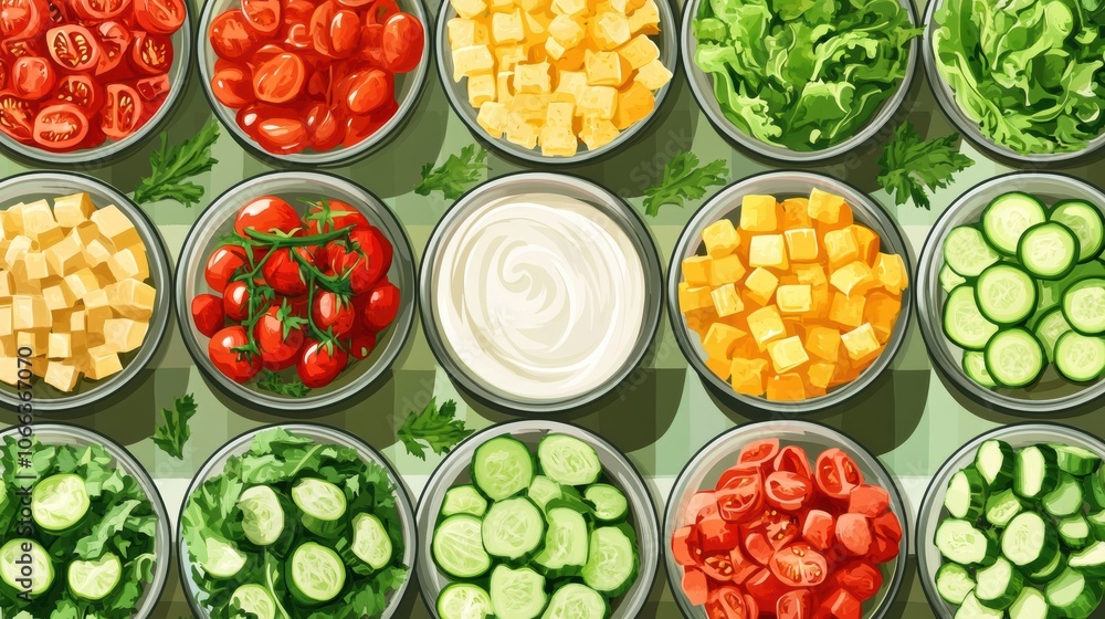 An overhead view of a fresh salad bar with an assortment of colorful ingredients like leafy greens An overhead view of a fresh salad bar with an assortment of colorful ingredients like leafy greens