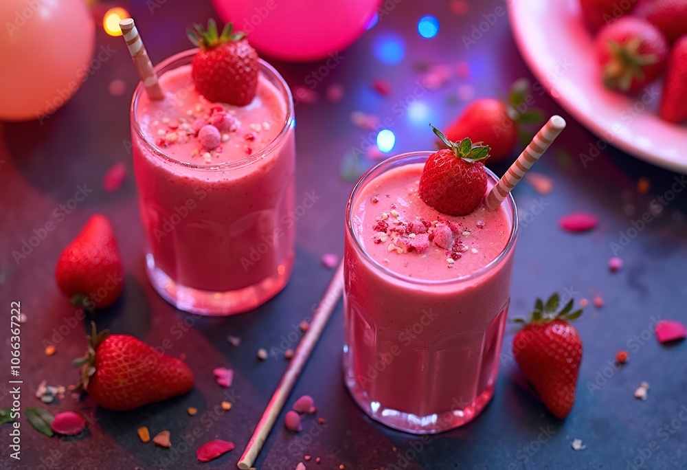 Two glasses of strawberry smoothie or juice with fresh strawberries on the rim and around the glasses Two glasses of strawberry smoothie or juice with fresh strawberries on the rim and around the glasses