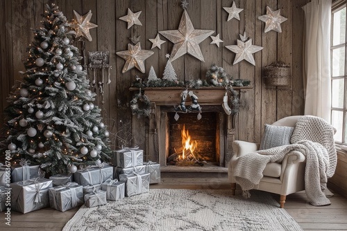 Rustic Christmas setting with an old wooden wall, fireplace adorned with silver and white stars, cozy gray sofa, decorated tree with gifts, and a warm fire, creating a festive, winter solstice atmosph photo