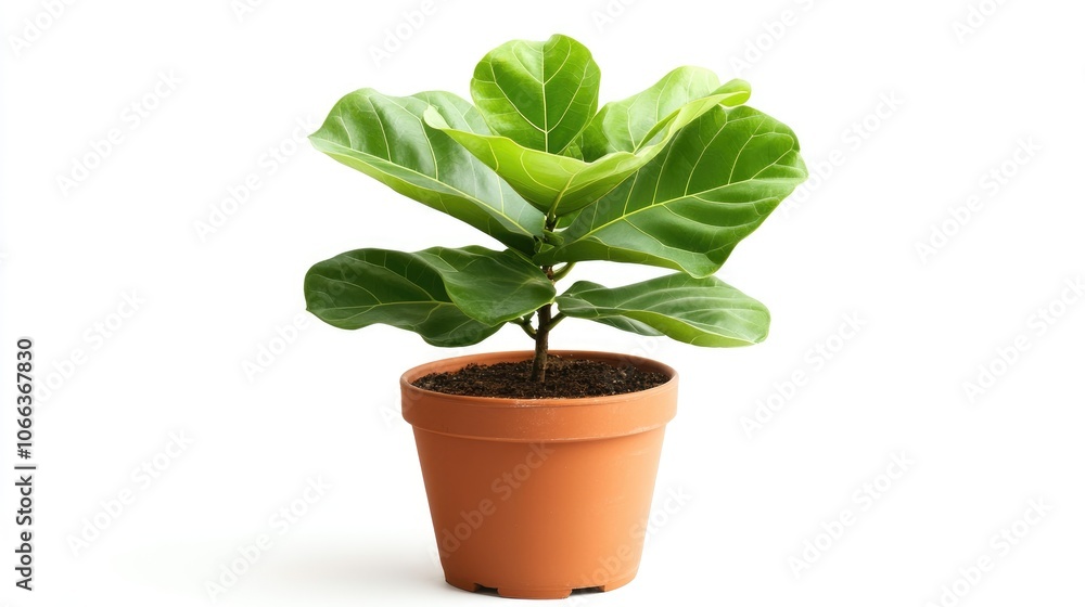 Small fiddle leaf fig plant Ficus Lyrata in a flower pot set against a white background Small fiddle leaf fig plant Ficus Lyrata in a flower pot set against a white background