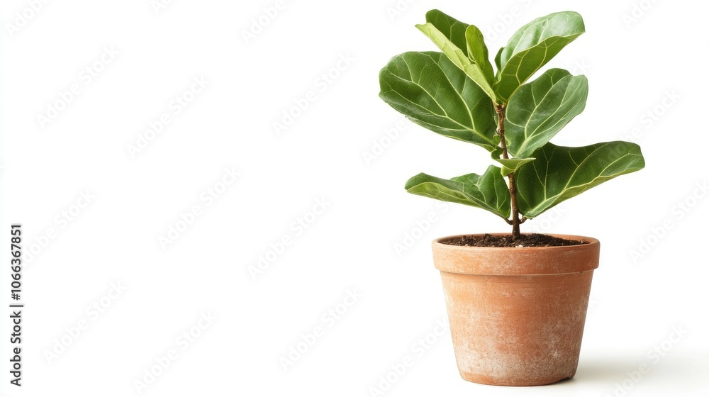 Small fiddle leaf fig plant Ficus Lyrata in a flower pot set against a white background Small fiddle leaf fig plant Ficus Lyrata in a flower pot set against a white background