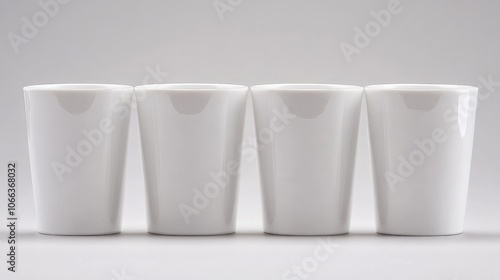 Six glossy white tumblers arranged neatly in a row