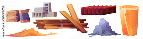 Construction materials set isolated on white background. Vector cartoon illustration of building site equipment, brick pile, cement bags, wooden boards, roof slate and insulation, house renovation