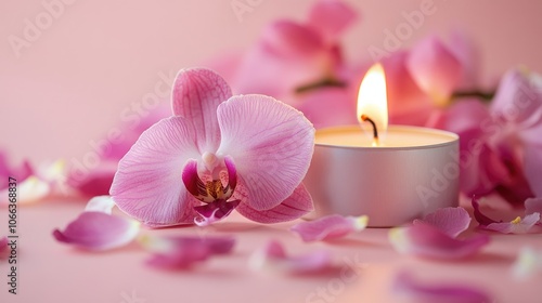 Pink backdrop featuring dried petals a candle and an orchid flower offering ample space for text ideal for beauty spa or wellness themes