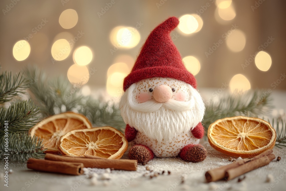 Small Christmas tree with a gnome wearing a red hat and white beard, surrounded by cinnamon sticks and dried orange slices, set against a light beige background with blurred lights. Small Christmas tree with a gnome wearing a red hat and white beard, surrounded by cinnamon sticks and dried orange slices, set against a light beige background with blurred lights.