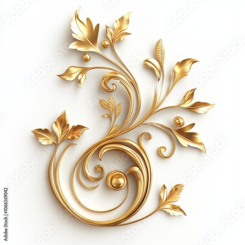 Elegant Vintage Gold Flourish with Baroque Scrollwork and Floral Accents on White Background - 3D Render