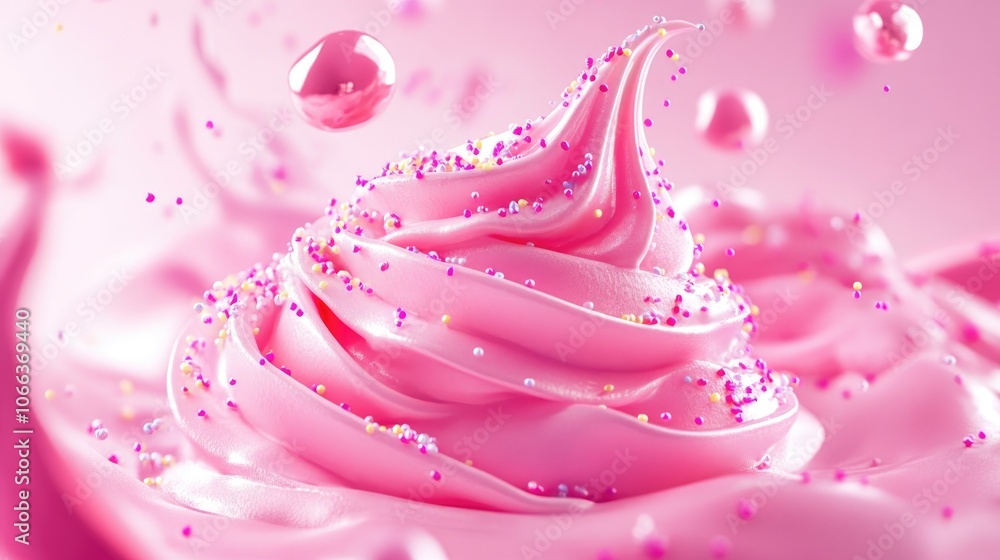 Pink whipped cream adorned with sugar sprinkles against a pink backdrop Pink whipped cream adorned with sugar sprinkles against a pink backdrop