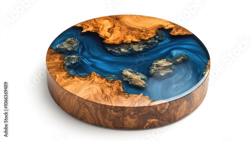 Round wooden table featuring blue epoxy resin set against a white background Premium quality image photo