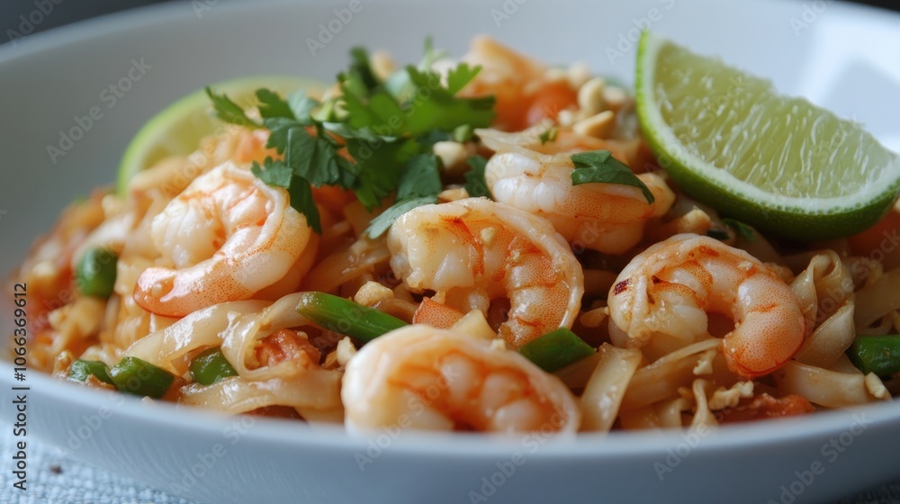 Savory shrimp pad thai garnished with lime and fresh herbs ideal for food enthusiasts and culinary aficionados Savory shrimp pad thai garnished with lime and fresh herbs ideal for food enthusiasts and culinary aficionados