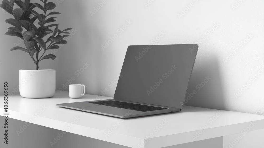 A sleek laptop computer rests on a crisp white desk, ready for productivity and inspiration to flow. Mockup for design. Isolated. A sleek laptop computer rests on a crisp white desk, ready for productivity and inspiration to flow. Mockup for design. Isolated.